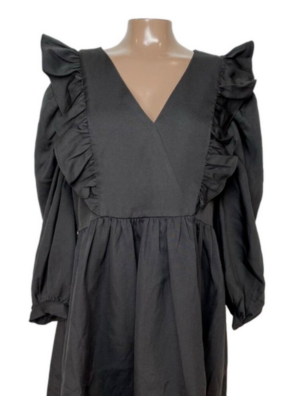 Pomander Place Black Long Sleeve Ruffle V-Neck Dress